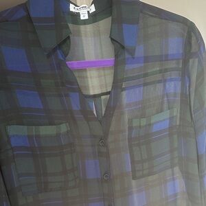 Express Blue and Green Plaid Portfino Sheer Shirt